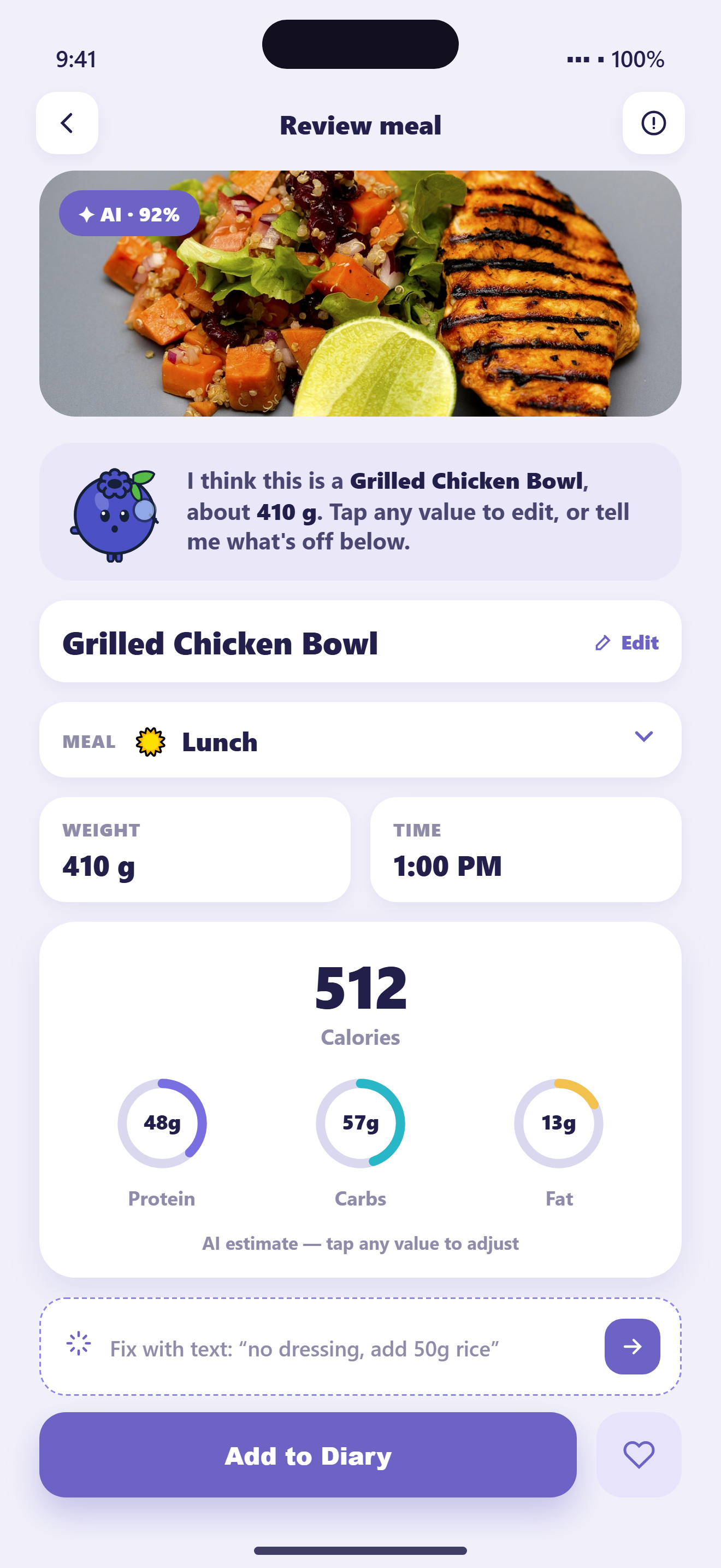 Calma screen for editing a detected meal and its nutrition values