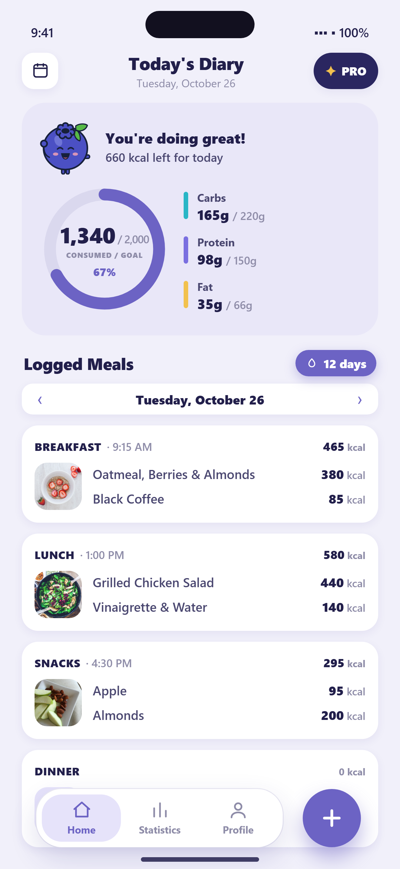 Calma diary with the calorie progress ring and logged meals