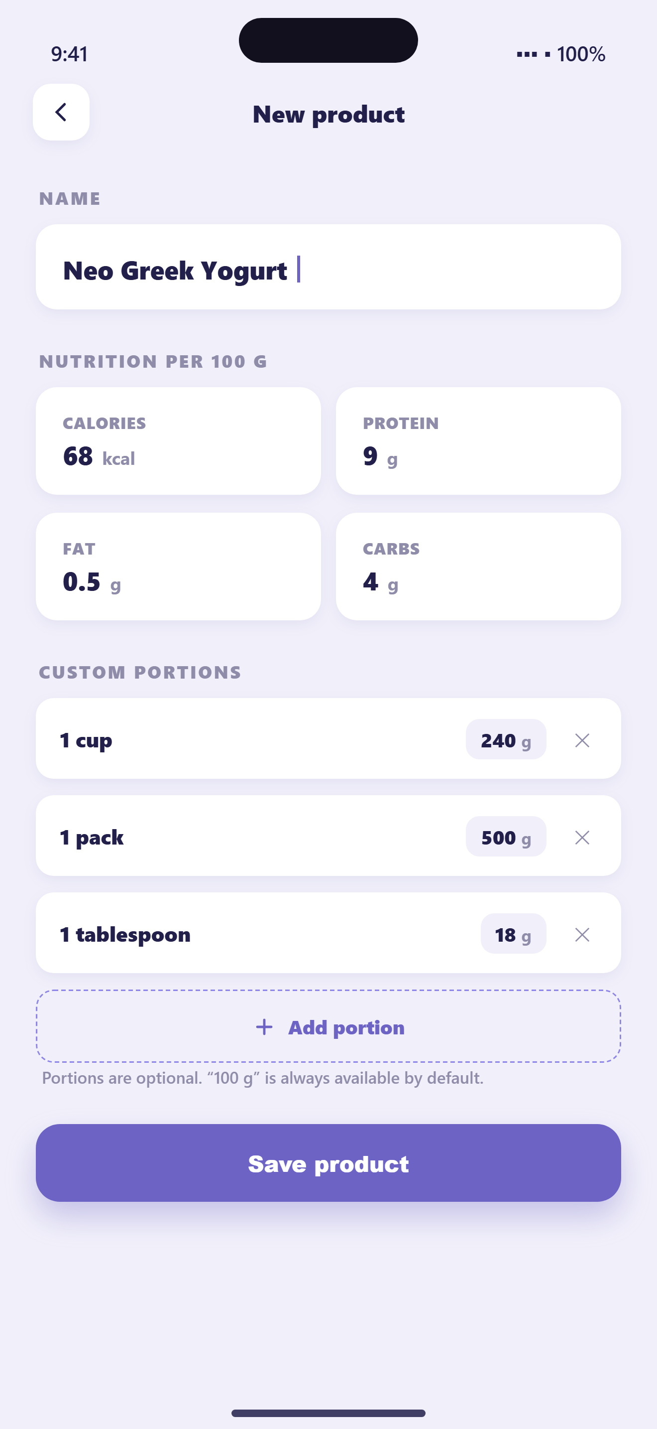 Calma manual entry screen with nutrition values per 100 g