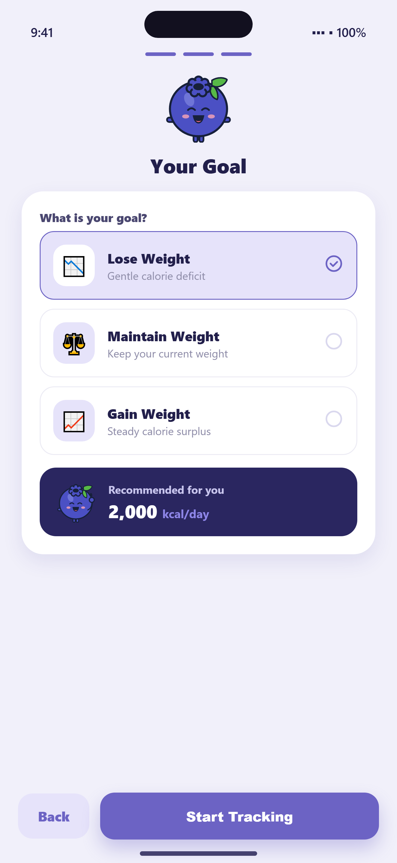 Calma onboarding screen with goal selection and a recommended calorie target