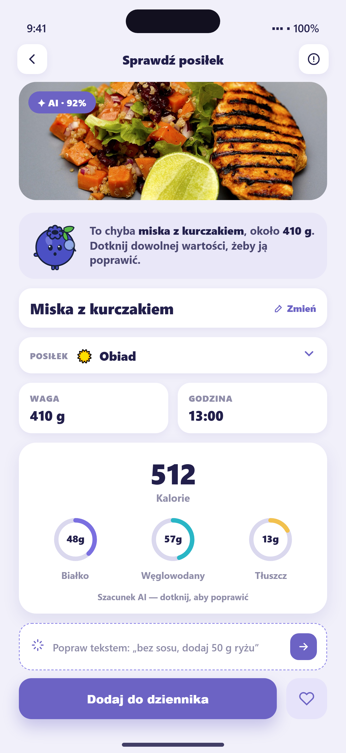 Ekran Calmy z edycją rozpoznanego posiłku i wartości odżywczych