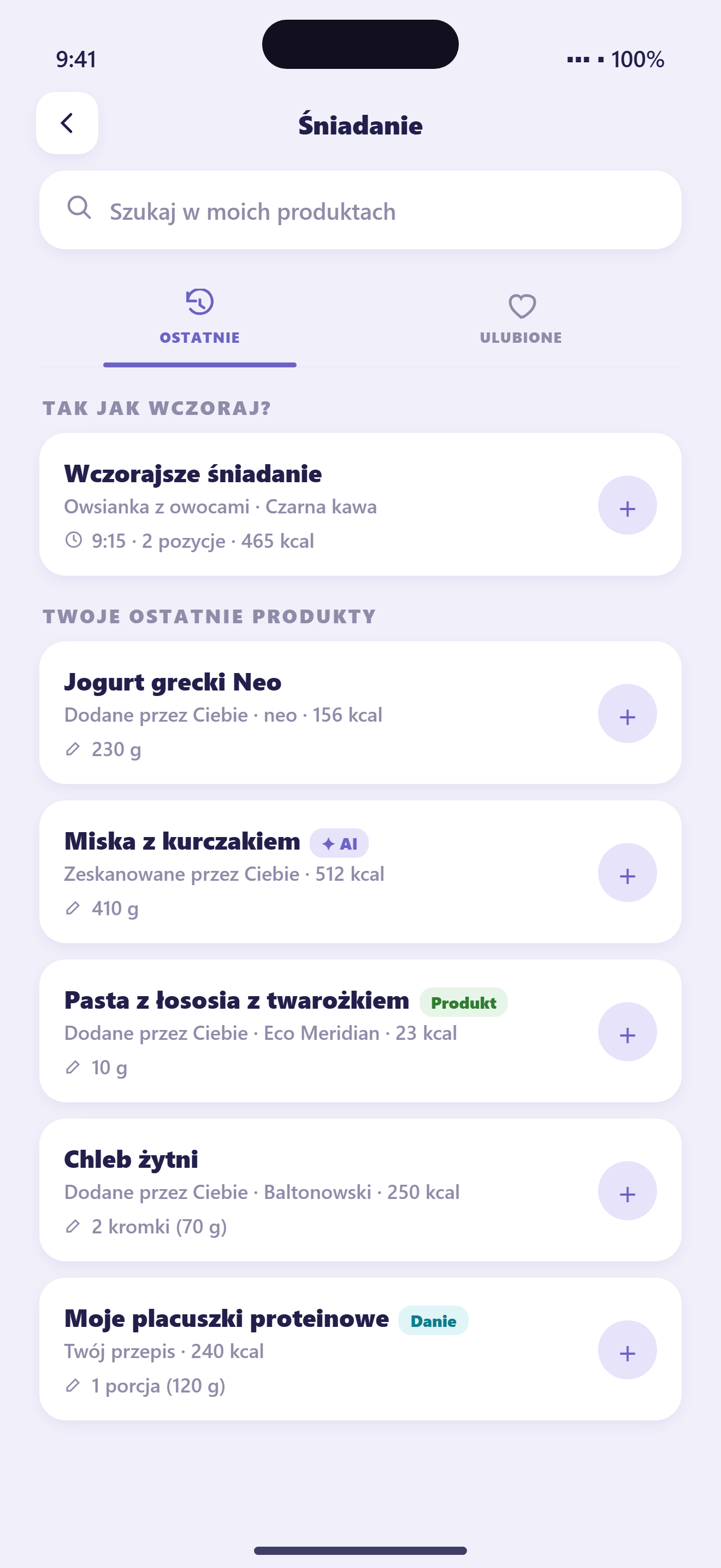 Ekran Calmy z listą ostatnio dodanych produktów i dań